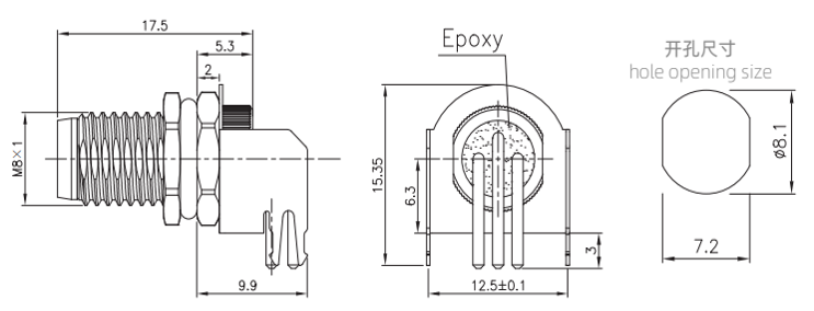 M8 panel mount elbow drawing of PCB type（Screw thread:M8X1.0)